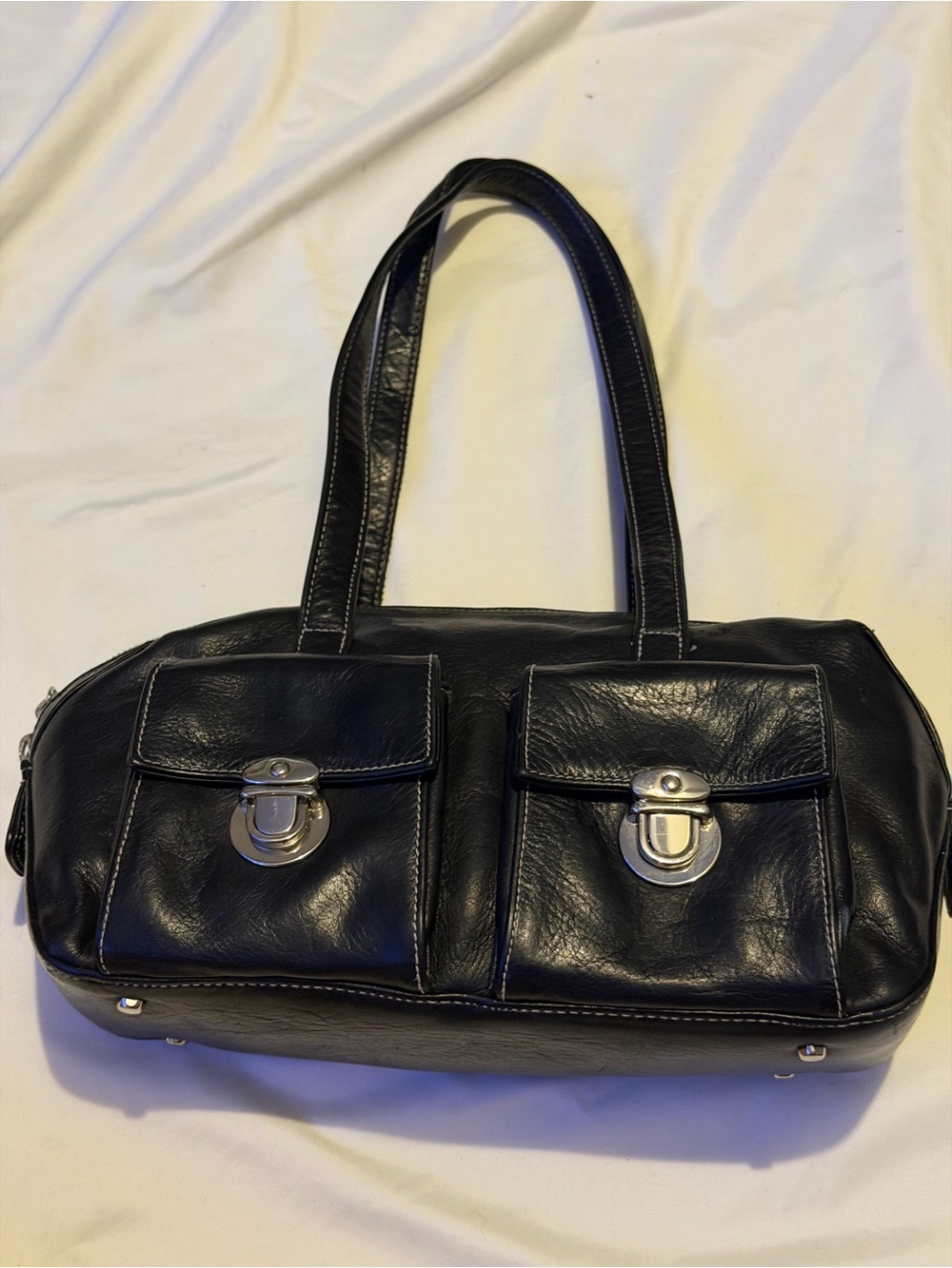 Perlina Black Leather Double-Pocket Shoulder Bag with Silver Hardware